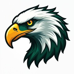 Fototapeta premium Graphic illustration of bald eagle head. Majestic bird symbol of freedom, power, courage. USA national emblem with sharp beak, intense yellow eye, detailed feathers. Perfect mascot.