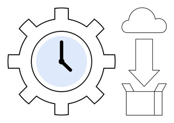 Gear with embedded clock, cloud, downward arrow, and open box symbolize time efficiency, data transfer, and process automation. Ideal for productivity, storage, workflow automation synchronization