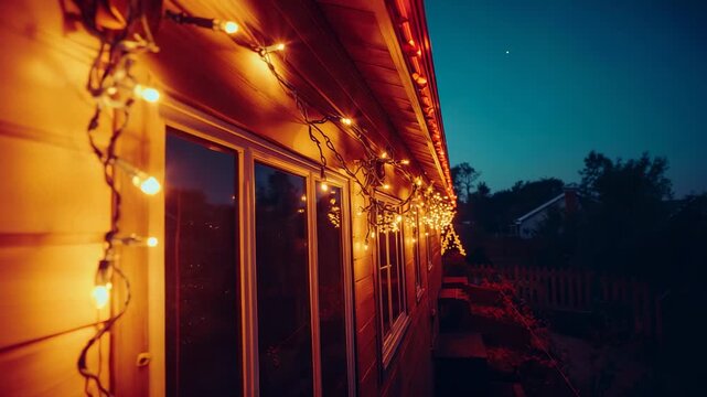 String bulbs glowing under eaves in backyard at dusk, with camera gliding along siding and windows