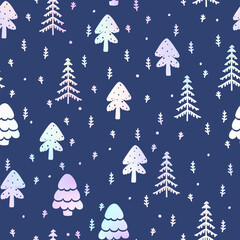 Blue and holographic winter forest Scandinavian seamless pattern. Vector rainbow foil New Year print, cute Christmas tree background, spruce fir tree texture for paper, fabric, greetings, season decor