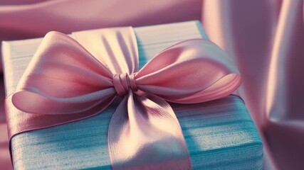 On start, camera panning blue gift box on pink fabric backdrop, revealing pink satin ribbon texture - Powered by Adobe