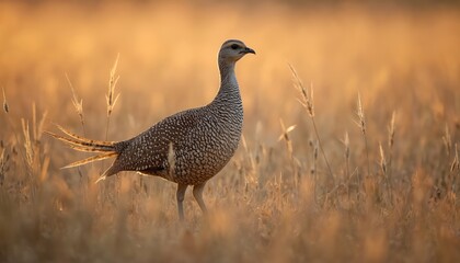 Sharp tailed grouse stands in tall prairie grass. Bird has mottled brown white plumage. Golden hour light illuminates avian life in natural habitat. Wildlife photography captures unique fowl.