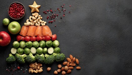 Festive healthy Christmas tree made of assorted fruits, vegetables, nuts, and fish