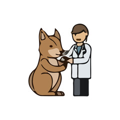 Illustration of a veterinarian caring for various types of pets and wildlife. Colorful vector images show veterinarian activities such as examining, administering injections, and treating animals such