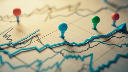 Focusing camera panning across desk chart, showing turquoise green red pins on upward blue trend - Powered by Adobe