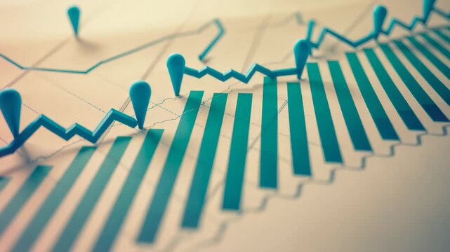 Panning camera over table upon playback start, revealing teal bar graph with pin-marked teal line