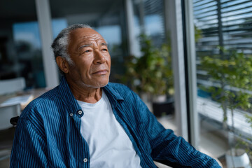 A thoughtful senior man gazes out the window, reflecting on life. Natural light softly illuminates his face, creating a serene and introspective atmosphere in the room.