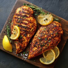Grilled chicken breast with spice rub and lemon on a cutting board. Top view.