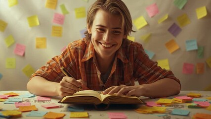 Teen writer wearing plaid shirt writing at desk, smiling at progress with pencil and sticky notes - Powered by Adobe