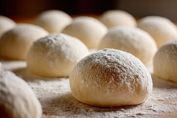 Fototapeta premium Rows of freshly made dough balls dusted with flour, ready for baking