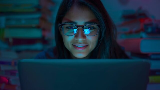 Noticing laptop glow in glasses, Asian woman blinking and leaning forward, smiling by bookshelves