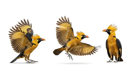 Obraz premium Three Golden Birds in Flight and Standing on White Background.