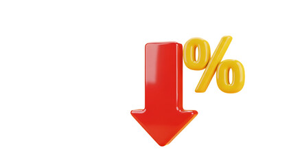 Red downward arrow and yellow percentage sign, isolated on transparent background