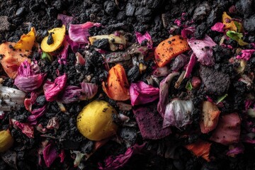 A macro view of colorful organic compost with plant fragments