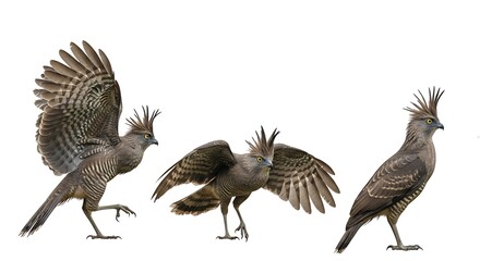 Fototapeta premium Three Grey Go-away Birds in Different Poses Isolated on White Background.