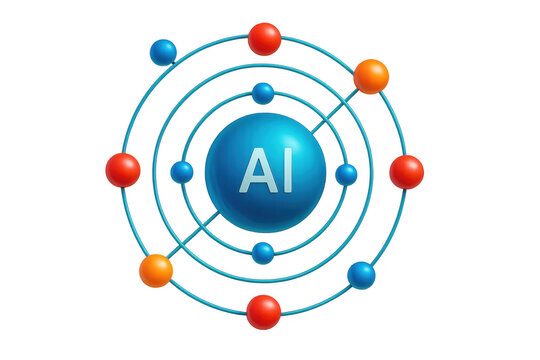 Artificial intelligence core concept with orbiting elements, representing advanced technology and neural networks