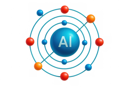 Artificial intelligence core concept with orbiting elements, representing advanced technology and neural networks