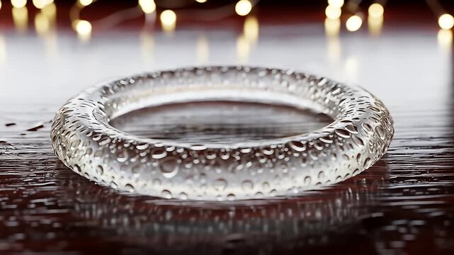 Glassy bangle with air bubbles rests on a polished wood surface, bokeh lights background