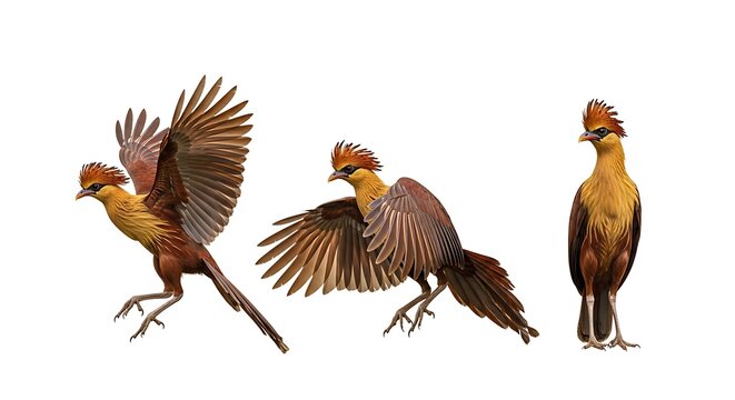Three Rufous-Headed Chachalacas in Various Poses Against White Background.