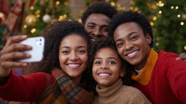 Mother gathering sweatered family around Christmas tree at home extending phone capturing smiles