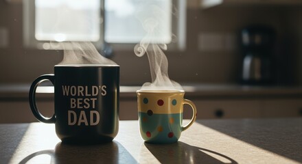 steaming mugs on kitchen counter with morning sunlight, world's best dad and colorful polka dots