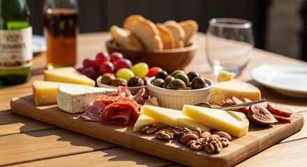 assorted cheese, charcuterie, nuts, and fruits on wooden board in sunny outdoor setting