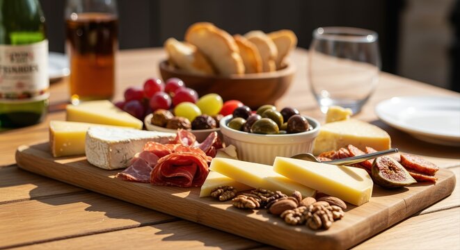 assorted cheese, charcuterie, nuts, and fruits on wooden board in sunny outdoor setting