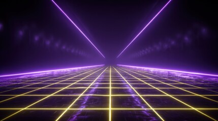 Vibrant futuristic grid perspective tunnel with purple and yellow neon lights abstract background for creative graphic design