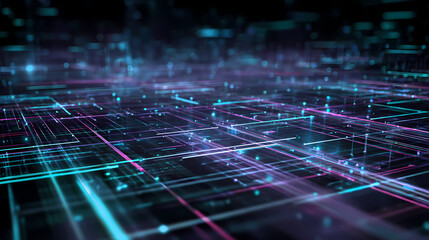 Fototapeta premium A digital network of interconnected data points, with lines of light creating a futuristic landscape. The image features a complex web of connections, suggesting the vastness of the digital world