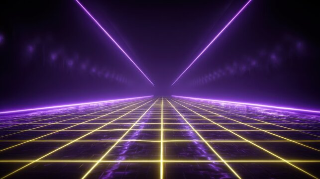 Vibrant futuristic grid perspective tunnel with purple and yellow neon lights abstract background for creative graphic design - Powered by Adobe