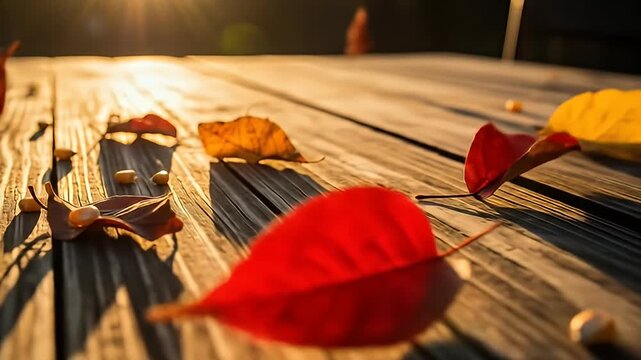 Autumn leaves and nuts scattered across a wooden picnic table in golden sunlight