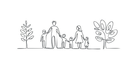 Family holding hands walking together with trees