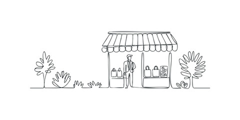 Single line drawing of a market stall with a vendor