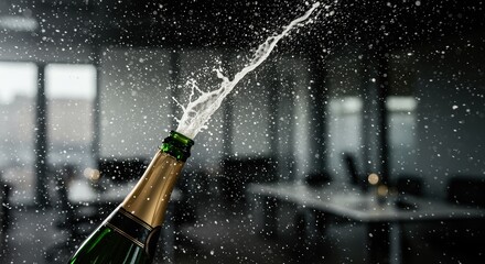 champagne bottle popping with fizz in modern office setting during celebration