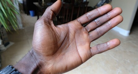 Fototapeta premium Dark hand, palm facing out, slightly oily appearance