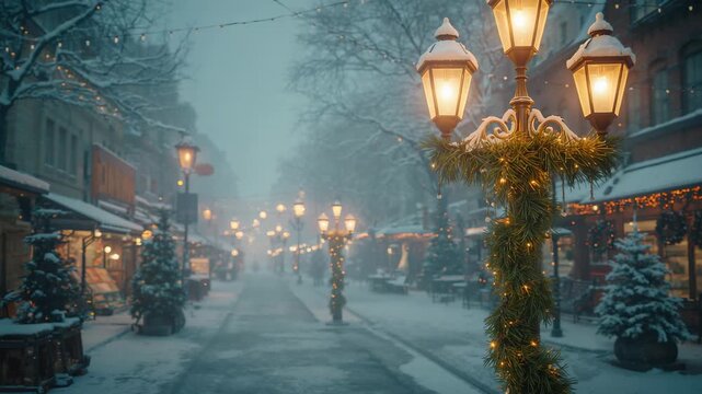Opening shot showing garlanded lamp post with lights, snow drifting past lit windows, copy space