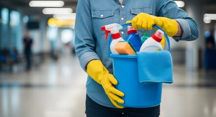 A person wearing yellow gloves and a denim shirt holds a blue bucket filled with various cleaning supplies in a blurred indoor setting.