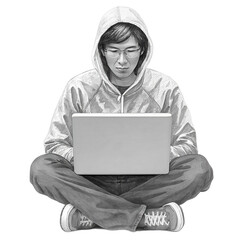 Young person wearing hoodie sits cross legged while focused on laptop, creating transparent background that enhances subject concentration