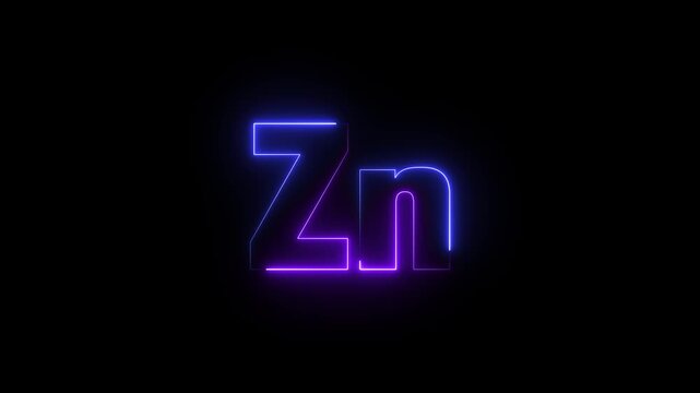 Animated neon Zn icon. Glowing Zinc symbol code animation. Chemistry code 4k video.