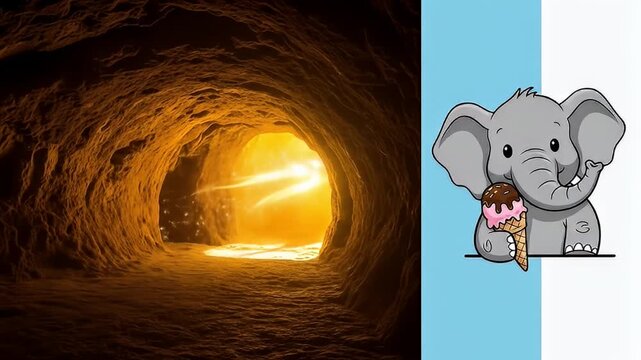 Split image fish in cavern and elephant with ice cream on blue/white background