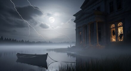 Night landscape with abandoned house lightning and boat on foggy water