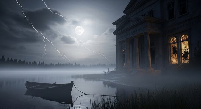 Night landscape with abandoned house lightning and boat on foggy water