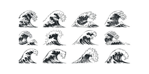 Collection of Twelve Diverse Wave Illustrations in Black and White