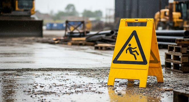 Yellow wet floor caution sign warning pedestrians of slippery conditions on a construction site with rain and heavy machinery in the background Hazard Danger Safety Symbol Icon Wetness