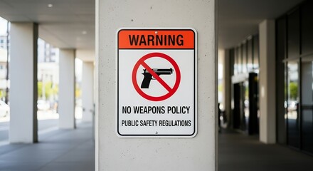 Warning sign indicating No Weapons Policy and Public Safety Regulations is attached to a concrete pillar outside a modern building Gun Forbidden Prohibited Restriction Ban Entrance