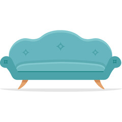A Teal Blue Tufted Sofa with Ornate Curved Back and Tapered Legs on a White Background