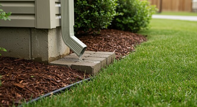 close-up view of house gutter downspout with green grass and mulch on a sunny day