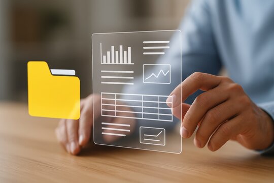 A Person Analyzing Data and Visuals on a Transparent Screen While Interacting with a Physical Folder in a Modern Workspace Setting