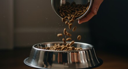 Fototapeta na wymiar person pouring dry pet food into shiny metal bowl at home kitchen feeding pets