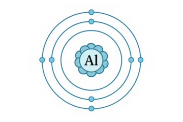 Aluminum atom model showing electrons orbiting nucleus in quantum shells, representing chemical structure and element